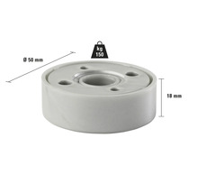 Möbelhjul med en lastkapacitet på 150 kilogram och dimensionerna 50 millimeter i diameter och 18 millimeter i höjd.
