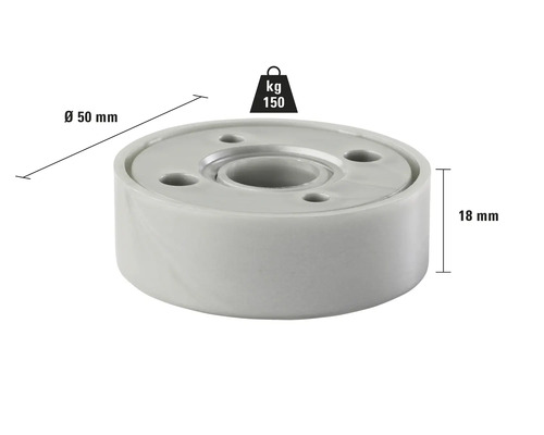 Möbelhjul med en lastkapacitet på 150 kilogram och dimensionerna 50 millimeter i diameter och 18 millimeter i höjd.