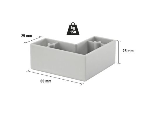 Hörnfot med måtten 60 mm x 25 mm och en lastkapacitet på 150 kilogram.