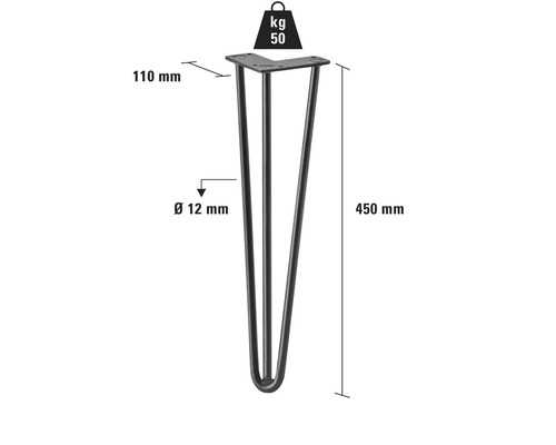 Bordsben av stål med en längd på 450 mm och en maximal lastkapacitet på 50 kg