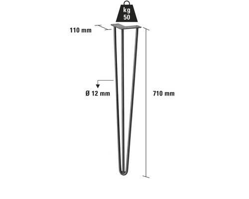 Bordsben av stål, hårnålsform, 710 mm lång, lastkapacitet 50 kg