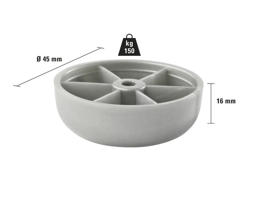 Möbelfot av plast med en diameter på 45 mm och en höjd på 16 mm, lastkapacitet 150 kg