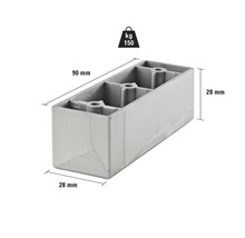 Möbelfot i plast med måtten 90 mm x 28 mm x 28 mm och en lastkapacitet på 150 kg