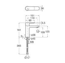 Teknisk ritning av en tvättställsblandare med måttangivelser