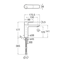 Teknisk ritning av en armatur med måttangivelser