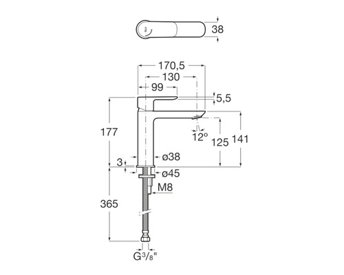Teknisk ritning av en armatur med måttangivelser