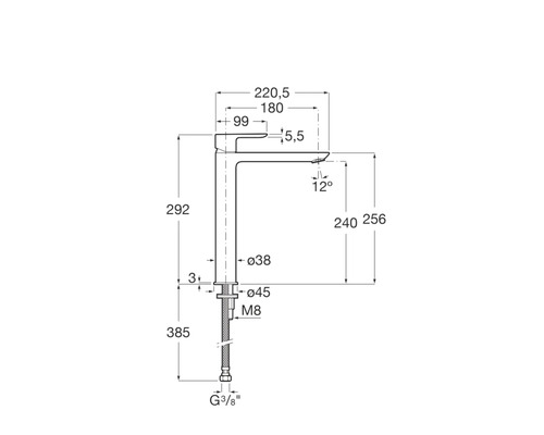 Teknisk ritning av en tvättställsblandare med måttangivelser