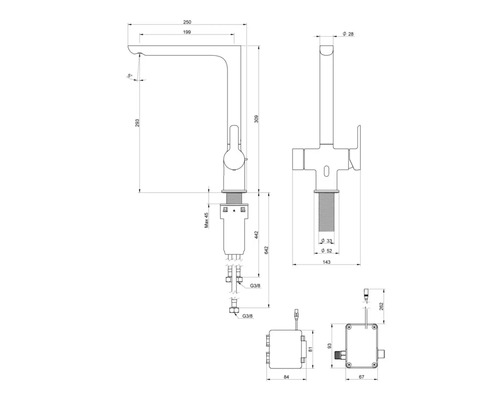 Teknisk ritning av en armatur med dimensioner