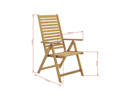 Trädgårdsstol i trä med måtten 1100 mm höjd, 585 mm armstödsbredd, 475 mm sitthöjd och 710 mm djup