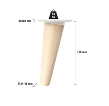 Möbelben i trä, 150 mm högt, med måtten 80x80 mm upptill och en diameter på 24 till 48 mm nedtill, lastkapacitet 50 kg
