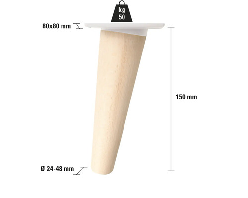 Möbelben i trä, 150 mm högt, med måtten 80x80 mm upptill och en diameter på 24 till 48 mm nedtill, lastkapacitet 50 kg