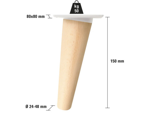 Möbelben av trä, konisk form, 150 mm hög, 50 kg lastkapacitet
