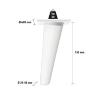 Möbelben med måtten 150 mm höjd, 80 x 80 mm monteringsplatta och 24 till 48 mm diameter, maximal lastkapacitet 50 kilogram