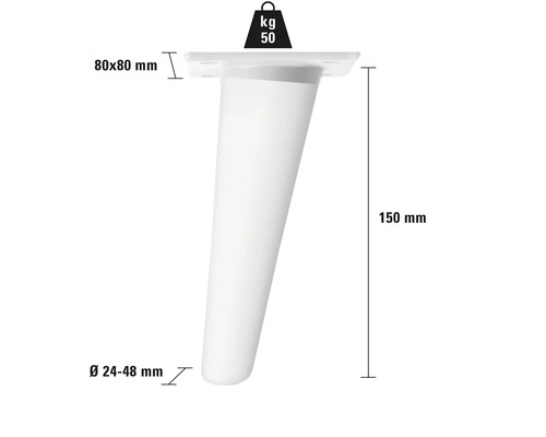 Möbelben med måtten 150 mm höjd, 80 x 80 mm monteringsplatta och 24 till 48 mm diameter, maximal lastkapacitet 50 kilogram