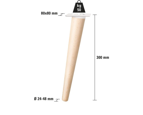 Möbelben av trä, 300 mm högt, diameter 24 till 48 mm, monteringsplatta 80 x 80 mm, lastkapacitet 50 kg
