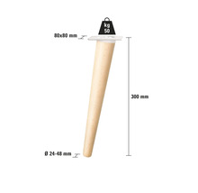 Möbelben i trä, 300 mm lång, diameter nedtill 24 till 48 mm, monteringsplatta 80 x 80 mm, maximal belastning 50 kg