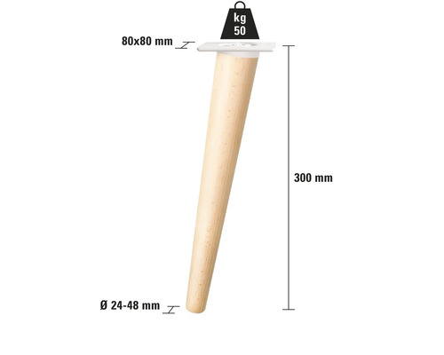 Möbelben i trä, 300 mm lång, diameter nedtill 24 till 48 mm, monteringsplatta 80 x 80 mm, maximal belastning 50 kg
