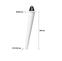 Möbelfot med måtten 80 x 80 millimeter, en höjd av 300 millimeter och en diameter på 24 till 48 millimeter, kan belastas upp till 50 kilogram