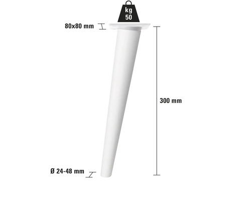 Möbelfot med måtten 80 x 80 millimeter, en höjd av 300 millimeter och en diameter på 24 till 48 millimeter, kan belastas upp till 50 kilogram