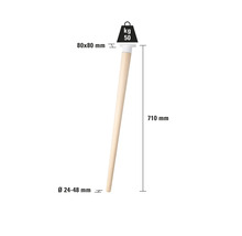 Trämöbelben med måtten 80 x 80 mm, 710 mm längd och diameter från 24 till 48 mm, maximal belastning 50 kg