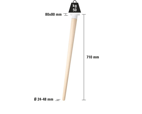 Trämöbelben med måtten 80 x 80 mm, 710 mm längd och diameter från 24 till 48 mm, maximal belastning 50 kg