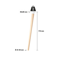 Enstaka möbelben i trä med måtten 710 mm lång, 80x80 mm upptill och en diameter på 24 till 48 mm nedtill.