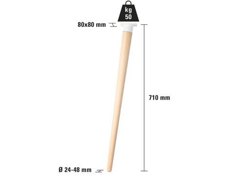 Enstaka möbelben i trä med måtten 710 mm lång, 80x80 mm upptill och en diameter på 24 till 48 mm nedtill.