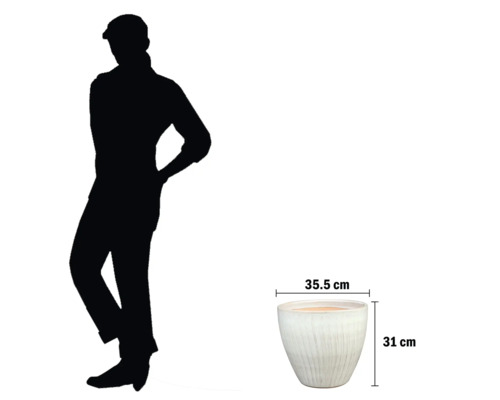 Vit blomkruka med måtten 35,5 cm gånger 31 cm.