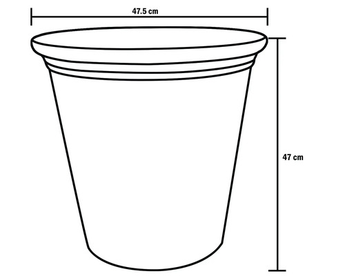 Skiss av en blomkruka med måtten 47,5 cm bred och 47 cm hög.
