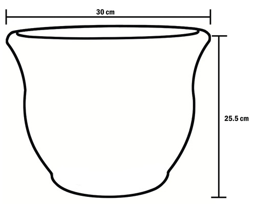 Skiss av en blomkruka med måtten 30 cm bred och 25,5 cm hög