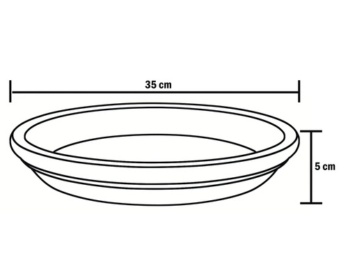 Schematisk ritning av en växtskål med måtten 35 cm bred och 5 cm hög.
