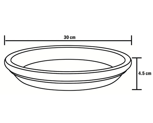 Bild av en skiss av ett växtunderlägg med måtten 30 cm bred och 4,5 cm hög.