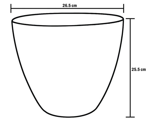 Skiss av en blomkruka med måtten 26,5 cm bred och 25,5 cm hög