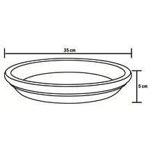 Bild av en växtskål med mått: 35 cm diameter, 5 cm höjd.