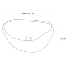 Ritning av en tvättställsskål med måtten diameter 40 till 50 centimeter och höjd 15 centimeter