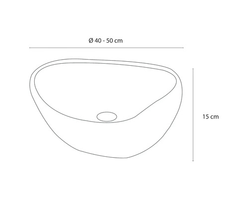 Ritning av en tvättställsskål med måtten diameter 40 till 50 centimeter och höjd 15 centimeter