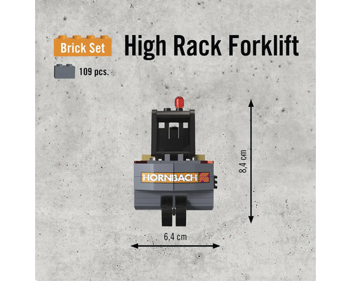 Byggsats för höglyftande truck med 109 delar och en storlek på 8,4 x 6,4 centimeter