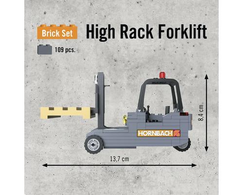 Byggsats höglyfttruck med 109 delar och Hornbach-logotyp.