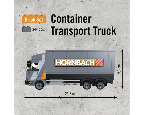 Container Transport Truck byggsats med Hornbach logotyp och mått