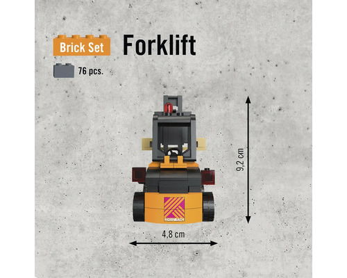 Gaffeltruck byggsats med 76 delar och måtten 9,2 cm hög och 4,8 cm bred