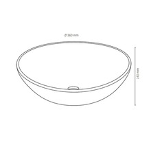 Ritning av ett runt tvättställ med måtten 360 mm i diameter och 140 mm i höjd