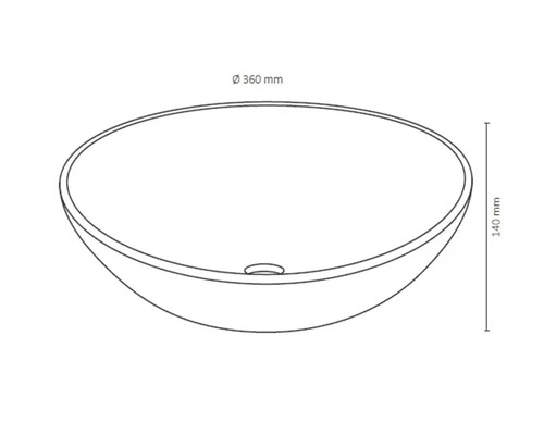 Ritning av ett runt tvättställ med måtten 360 mm i diameter och 140 mm i höjd