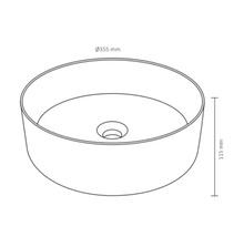 Ritning av ett runt tvättställ med måtten 355 mm i diameter och 115 mm högt