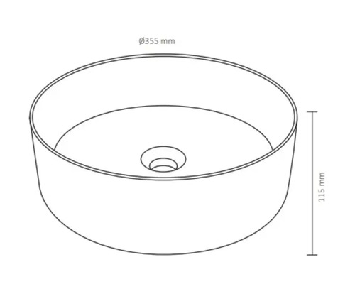 Ritning av ett runt tvättställ med måtten 355 mm i diameter och 115 mm högt