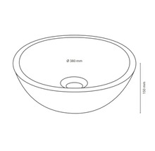Ritning av en tvättställsskål med måtten 380 mm diameter och 150 mm höjd