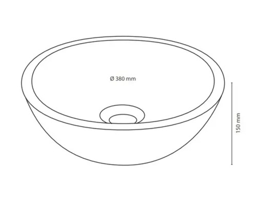 Ritning av en tvättställsskål med måtten 380 mm diameter och 150 mm höjd