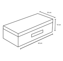 Skiss av en förvaringslåda med måtten 40 cm x 25 cm x 10 cm