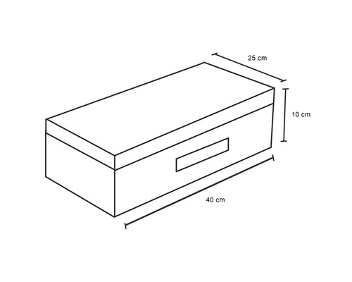 Skiss av en förvaringslåda med måtten 40 cm x 25 cm x 10 cm