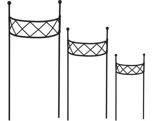 Tre metallväxtstöd i olika höjder