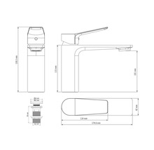 Teknisk ritning av en armatur med måttangivelser
